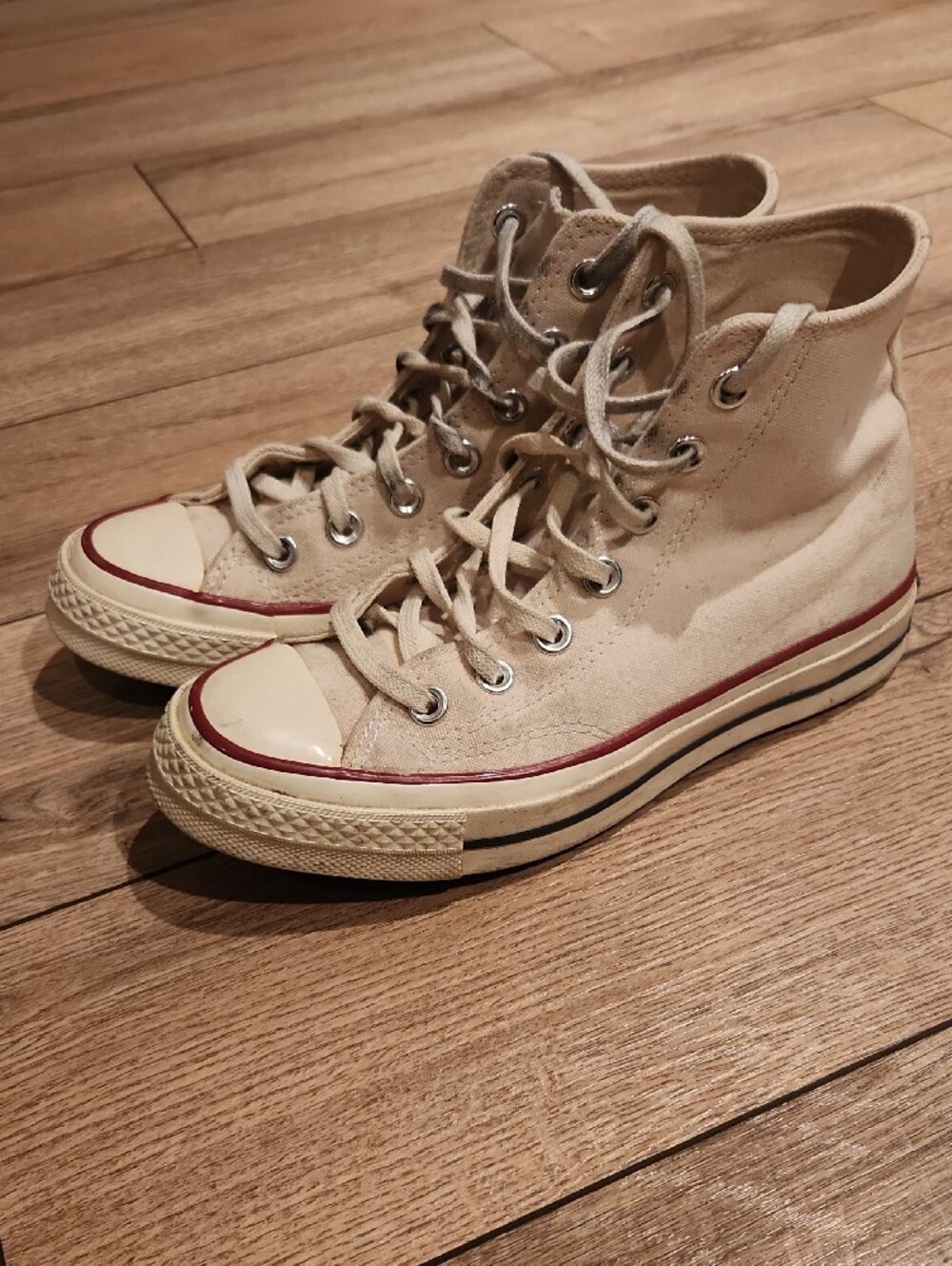 Converse High-Top Sneakers in Cream with Red Trim - Picture 2 of 16